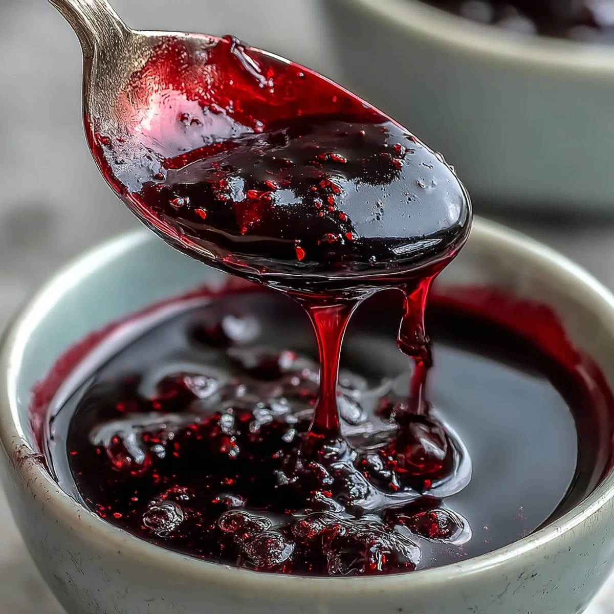 A glass bottle filled with dark purple Black Currant Syrup, showing its glossy, vibrant texture against a rustic wooden table.