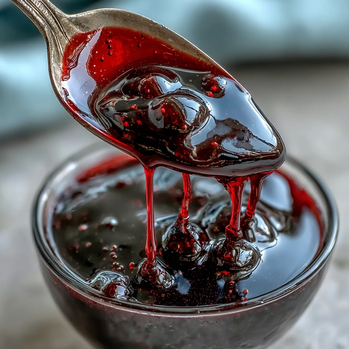 Homemade Black Currant Syrup glistening in a clear jar, surrounded by fresh black currants and a lemon slice for garnish.