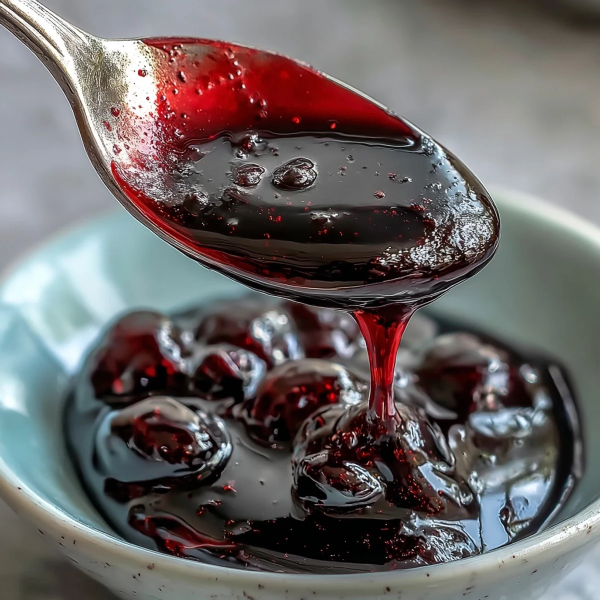 Close-up of a spoon lifting viscous Black Currant Syrup, capturing its deep color and sweet, aromatic consistency.