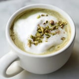 Homemade pistachio milk latte, warm and frothy, perfect for cozy mornings at home.  