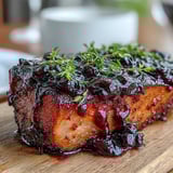 Black Currant Glaze simmering in a small saucepan, showcasing its deep purple hue and bubbling texture with Dijon mustard and honey ingredients nearby.