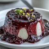 A pot of simmering black currant sauce on the stove, bubbling with fresh berries and sugar for a rich dessert topping.