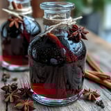 A mason jar filled with Homemade Spiced Blackcurrant Vodka Liqueur, showcasing the deep, rich purple hue of the infused berries and spices.