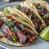 Tender, slow-smoked brisket tacos piled high with tangy pickled red onions and lime.