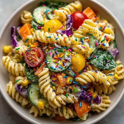 Vibrant Chaos Cake-Inspired Rainbow Pasta Salad, showcasing colorful veggies and creamy dressing, ready to eat.