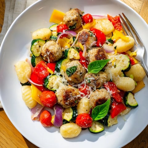 Golden Sheet Pan Gnocchi with Chicken Meatballs, nestled among sweet roasted bell peppers.