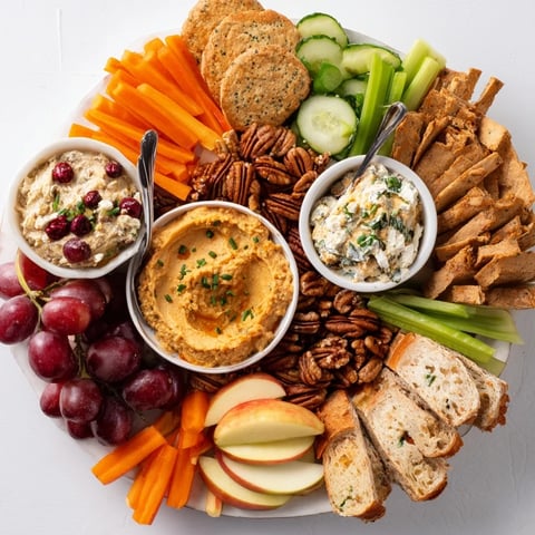 Festive Thanksgiving dip board brimming with colorful dips, vegetables, and savory treats.  