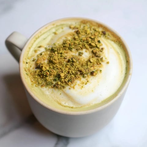Creamy pistachio milk latte topped with crushed nuts, a delightful coffeehouse favorite.  