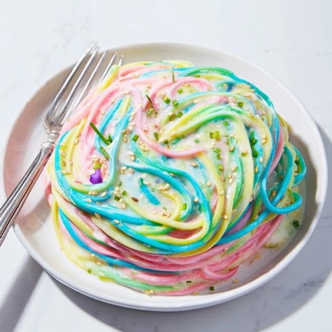 A whimsical Neon Noodle Cloud dish swirled in vibrant creamy sauce.  