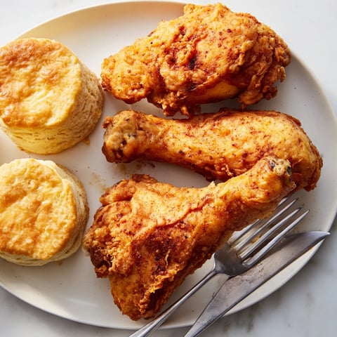 Crispy Southern fried chicken served with fluffy buttermilk biscuits, ideal for gatherings.  