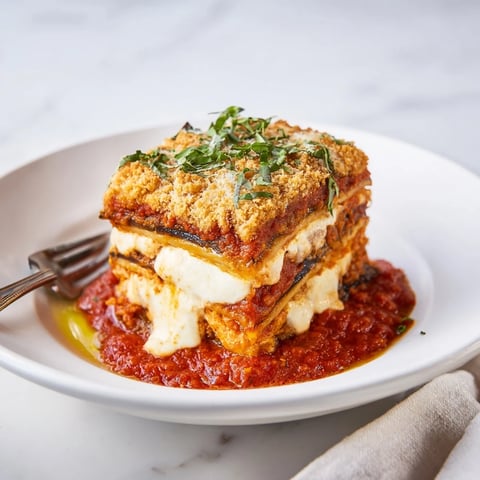 Layers of savory eggplant Parmesan lasagna with bubbly mozzarella and fresh basil.  