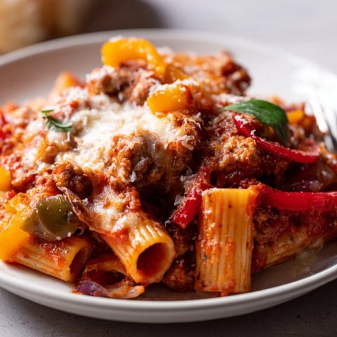 Hearty baked rigatoni with sausage and peppers, topped with golden melted cheese.  