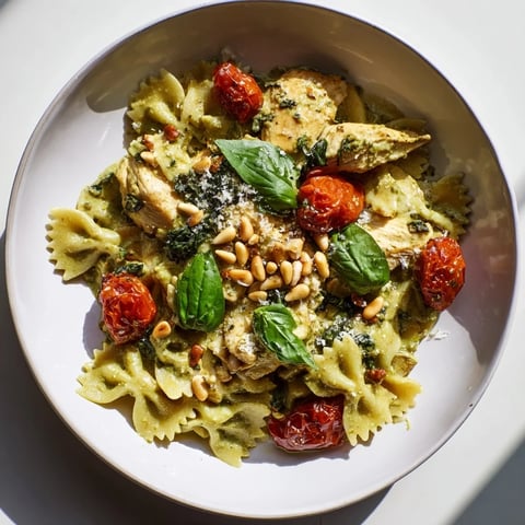 Bright pesto chicken bowtie pasta, a creamy dish featuring tender chicken and vibrant pesto sauce.