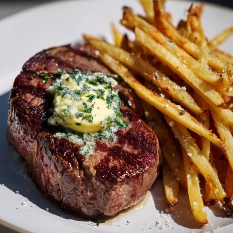 Juicy Steakhouse Garlic Butter Steak & Fries, seasoned perfectly and topped with melting, herbed butter.