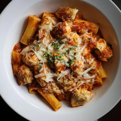 Golden, bubbly Baked Chicken Parmesan Pasta, ready to serve with fresh herbs, is a satisfying meal.