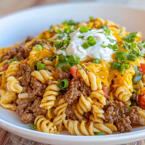 Close-up view of steaming, cheesy taco pasta skillet, a comforting family meal.