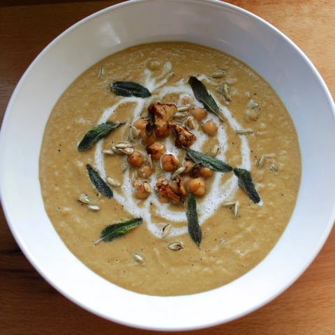 Creamy Chickpea, Pumpkin & Sage Soup, a vibrant orange, is perfect for a cozy winter meal.
