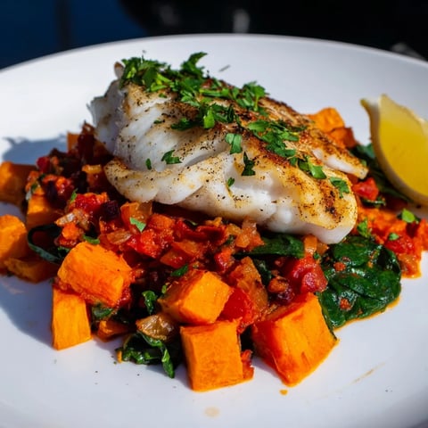 Golden baked cod with butternut squash and spinach, all smothered in a rich tomato-herb sauce.