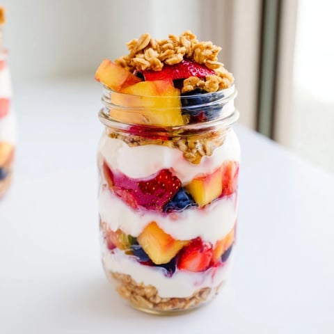 Vibrant layered yogurt parfait with fresh berries and crunchy granola ready to enjoy.
