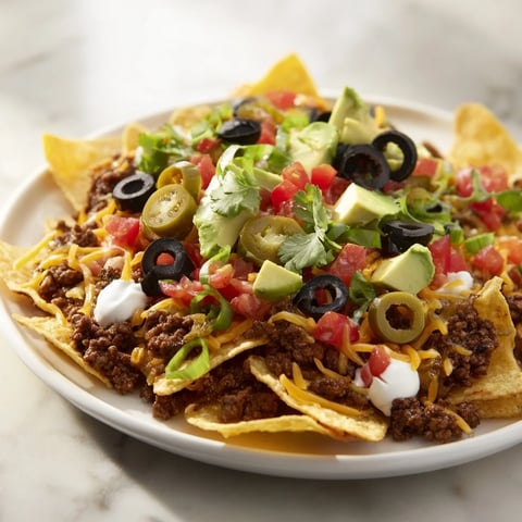 A glorious sheet pan of loaded nachos with ground beef, vibrant toppings, and melted cheese, ready to enjoy.