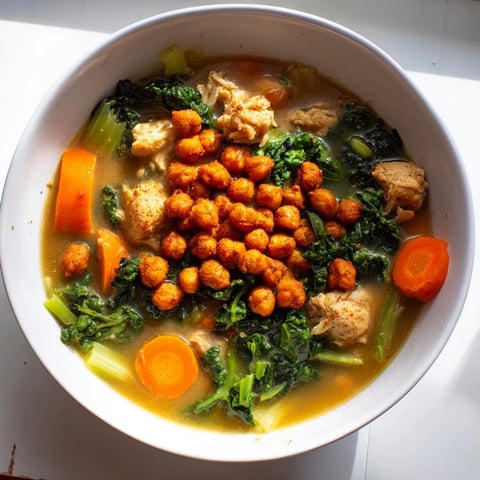 Steaming bowl of Chicken Kale Soup with crispy chickpeas: a healthy and fulfilling lunch, ready to enjoy.