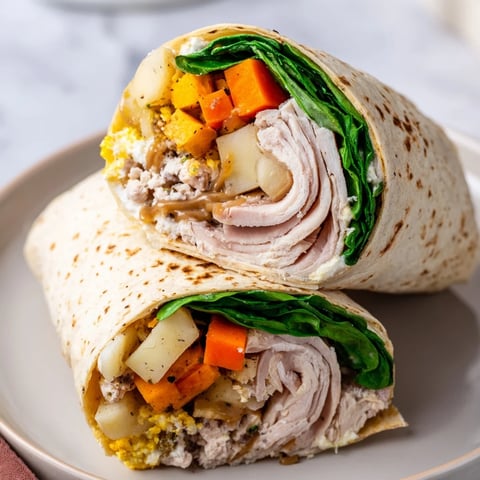 Simple Christmas Leftover Wrap Hack: A visually appealing wrap with turkey, stuffing and veggies all wrapped up.