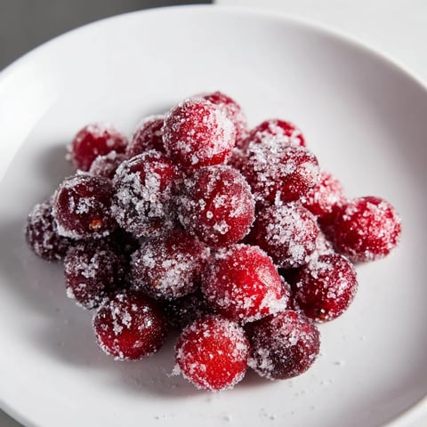 Shimmering vegan candied cranberry garnish coating cakes and cocktails with sugared beauty.