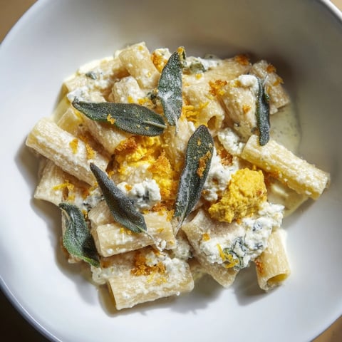 Golden, roasted butternut squash and sage goat cheese pasta served with crispy sage leaves, ready to enjoy.
