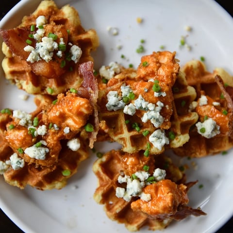 Golden-fried buffalo chicken and bacon waffle bites, drizzled with creamy ranch, are ready to eat.