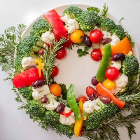 Festive Garland Veggie Wreath: a colorful display of fresh vegetables, ready to serve as a starter.