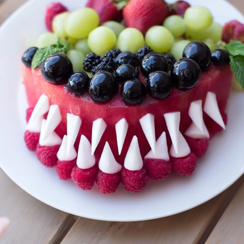 Watermelon Wave Shark Snack Board bursting with fresh fruit and savory snacks, ready to serve!