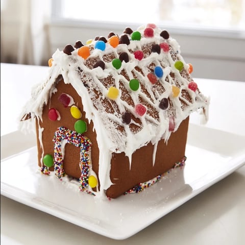 A beautifully decorated gingerbread house recipe scene, ready for a festive holiday gathering.