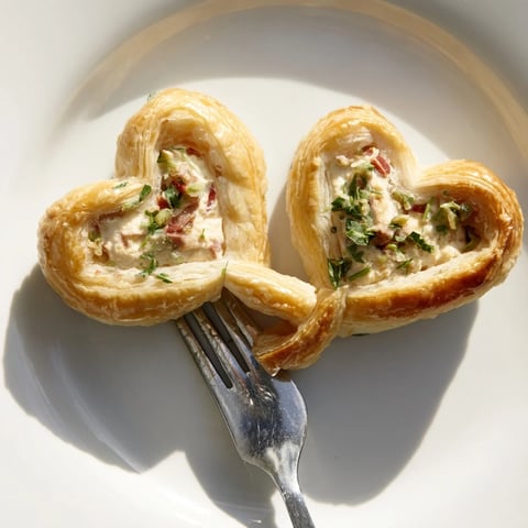 Golden-brown Cœurs Entrelacés appetizer, showcasing puff pastry hearts intertwined with creamy filling and herbs.