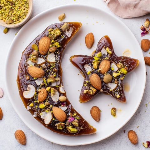 Lunar and Star Date Platter, glistening with honey and sprinkled with sesame seeds, ready to serve.