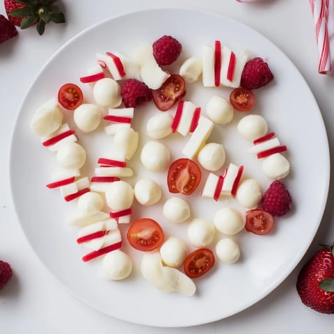 Festive Red and White Candy Cane Snack Board, a delightful holiday appetizer filled with colorful cheeses and fruit.