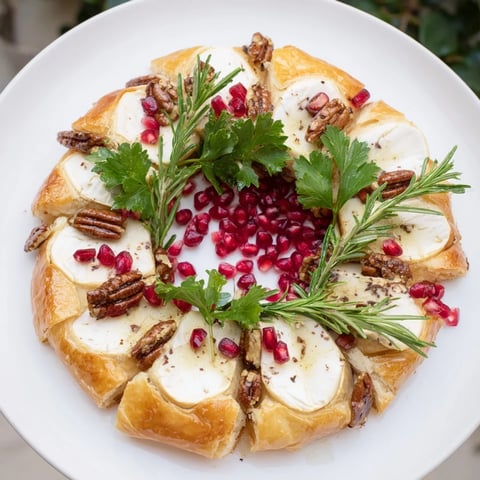 Golden-brown Pomegranate and Brie Wreath, showcasing creamy cheese and festive, holiday garnishes.