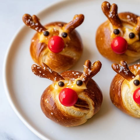 Rudolfs Red Nose Pretzel Bites with melty cheese, topped with a red candy "nose" and pretzel antlers.