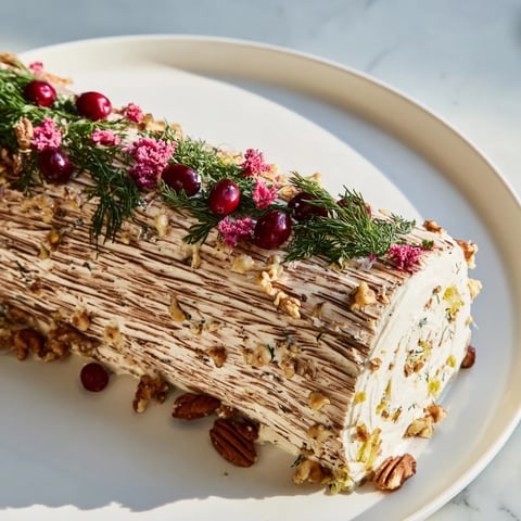 Festive Yuletide Log Cheese Centerpiece, a holiday appetizer rolled in herbs with decorative garnishes, ready to serve alongside crackers.