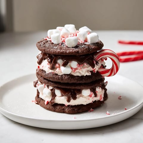 Decadent Hot Cocoa Mug Cookie Stack, a tempting dessert with fluffy marshmallow frosting and chocolate drizzle.