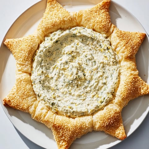 Star-Shaped Pesto Dip is a creamy, vibrant appetizer, ready to scoop with crispy cracker edges.