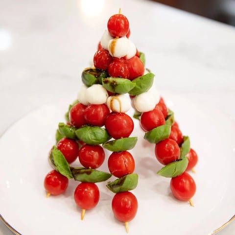 Vibrant Red and Green Caprese Skewer Tree, a holiday appetizer with fresh mozzarella and basil.