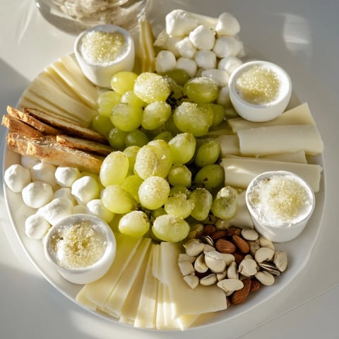 Sparkling Champagne Toast appetizer platter showcasing glistening grapes, creamy cheeses, and a touch of gold.
