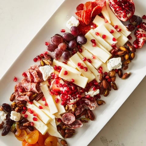 A beautiful Pomegranate Jewel Cascade grazing board with ruby red pomegranate seeds and fresh fruit.