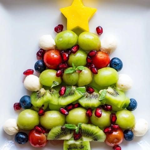 Festive Christmas Tree Triangle Board arranged with green grapes, olives, and kiwi rounds, ready to eat.
