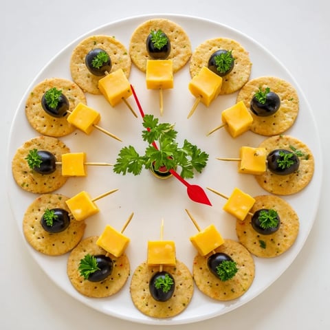 New Years Clock Countdown appetizer with cheese cubes and olives, perfect for a New Year's Eve party.