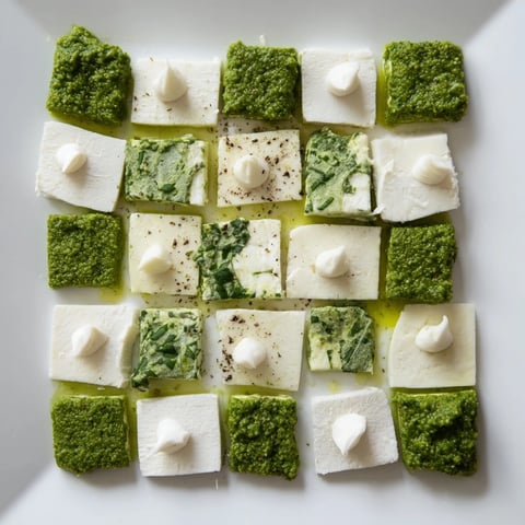 Checkerboard Garden appetizer, a visually appealing mix of cheeses and vibrant herb squares, ready to serve.