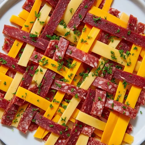 The Tartan Plaid: a visually stunning appetizer featuring jerky and cheese woven together.