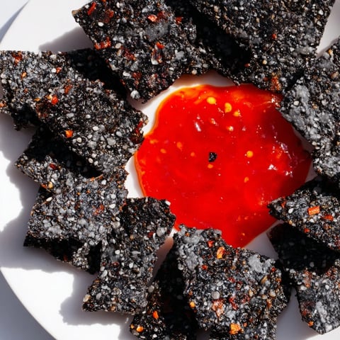 Black crackers surround the fiery red jelly of this Volcanic Flow appetizer, ready to dip.