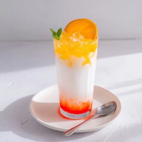 The Alpine Sunrise mocktail: a layered sunrise with bright orange and vivid red grenadine.