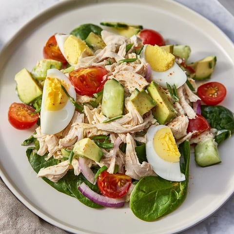 High-Protein Chicken and Egg Salad, a vibrant mix of chicken, eggs, and fresh veggies.